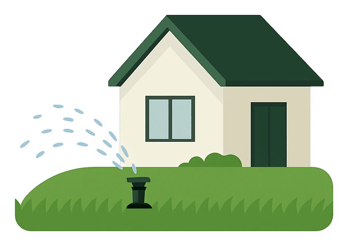 Smart sprinkler watering a green lawn in front of a house